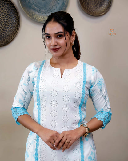 Cotton Co-ord Set with Chiffon Dupatta & Lace-Light Blue.