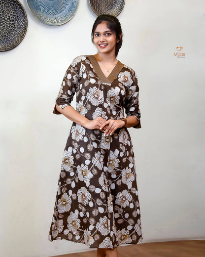 Vatican A-Line Kurti with Zari V-Neck & Pocket-Dark Brown