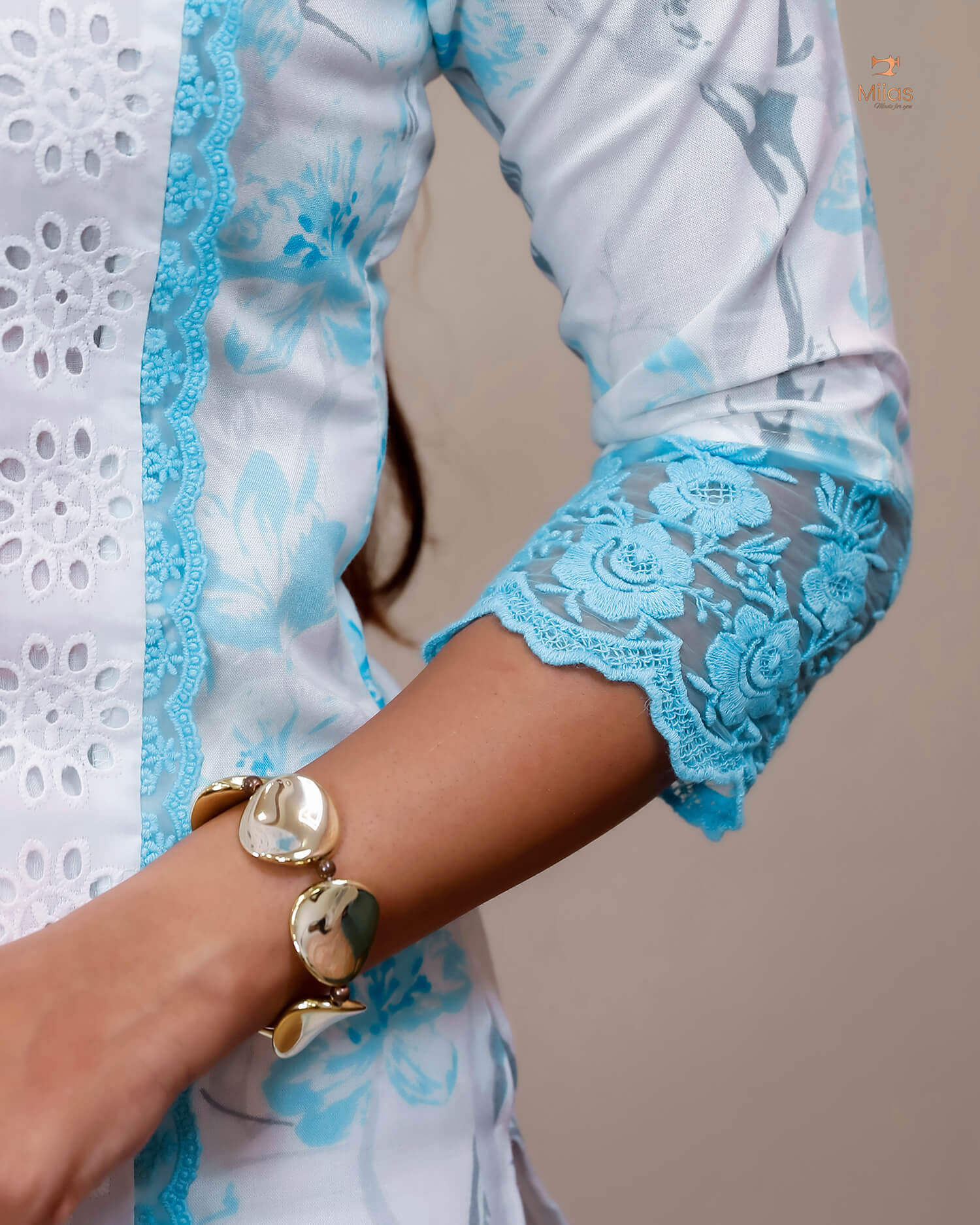 Cotton Co-ord Set with Chiffon Dupatta & Lace-Light Blue.