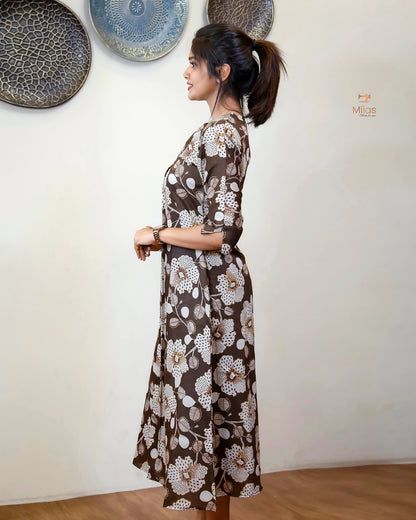 Vatican A-Line Kurti with Zari V-Neck & Pocket-Dark Brown