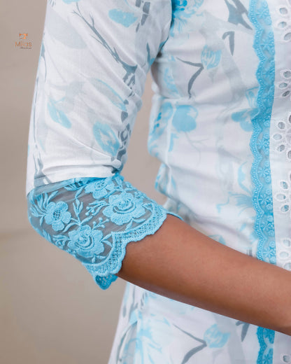 Cotton Co-ord Set with Chiffon Dupatta & Lace-Light Blue.