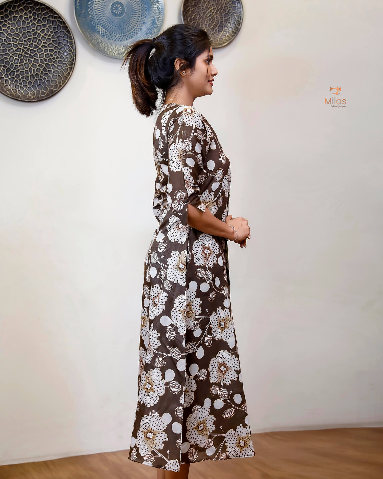 Vatican A-Line Kurti with Zari V-Neck & Pocket-Dark Brown