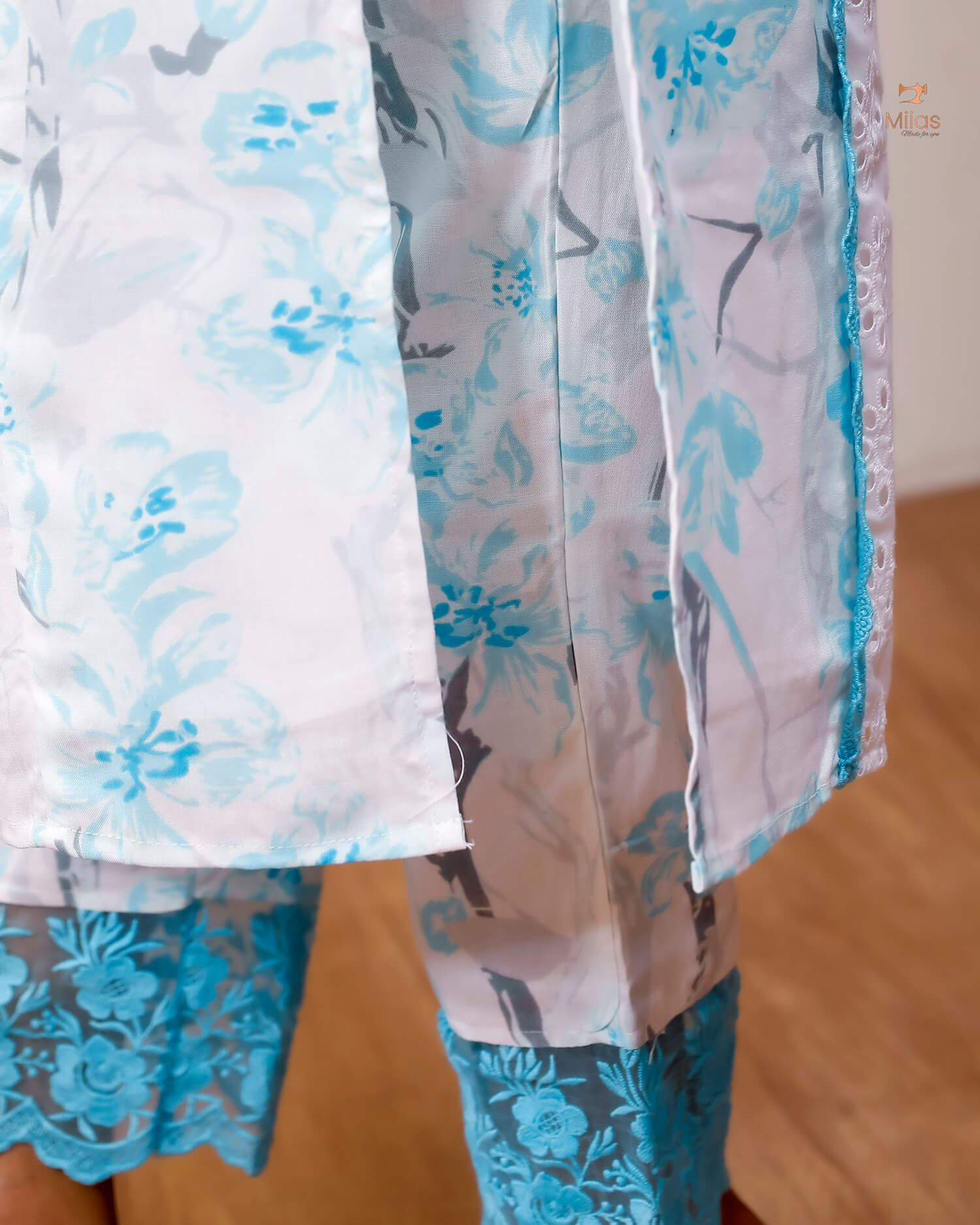 Cotton Co-ord Set with Chiffon Dupatta & Lace-Light Blue.