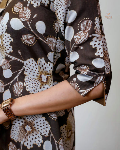 Vatican A-Line Kurti with Zari V-Neck & Pocket-Dark Brown