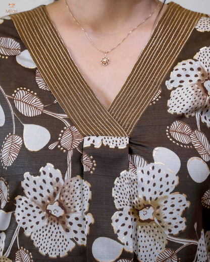 Vatican A-Line Kurti with Zari V-Neck & Pocket-Dark Brown