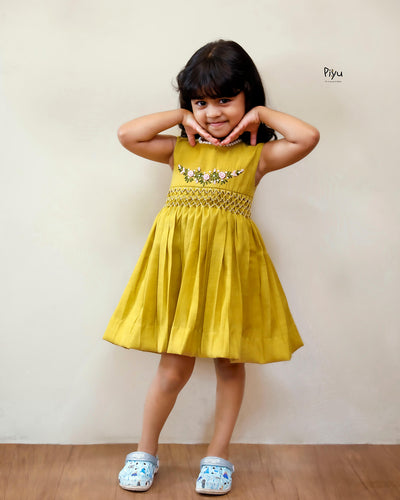 Linen-Cotton Frock w/ Lace & Hand Embroidered Roses-Yellow.