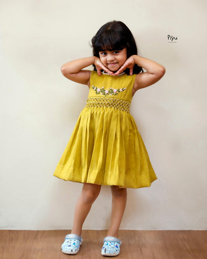 Linen-Cotton Frock w/ Lace & Hand Embroidered Roses-Yellow.