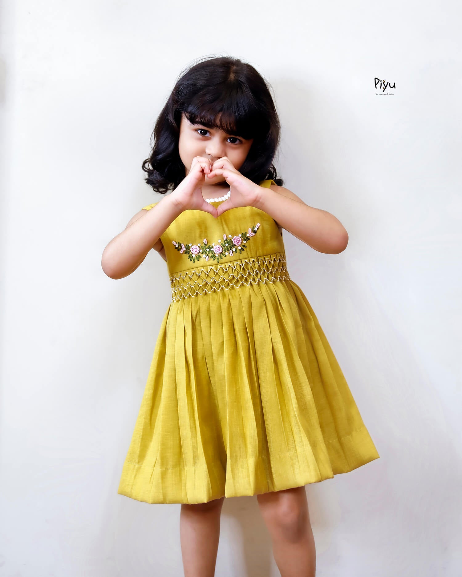 Linen-Cotton Frock w/ Lace & Hand Embroidered Roses-Yellow.