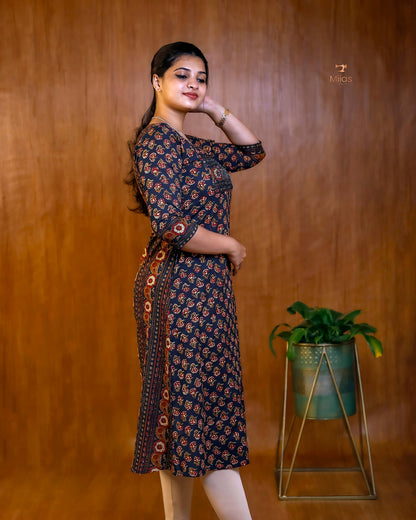Artisan Mirror Work Ajrakh Kurti with Pocket