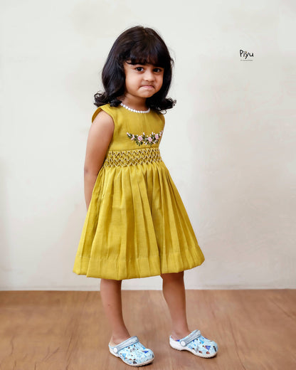 Linen-Cotton Frock w/ Lace & Hand Embroidered Roses-Yellow.