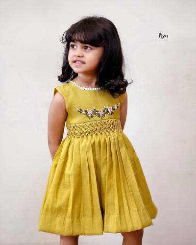 Linen-Cotton Frock w/ Lace & Hand Embroidered Roses-Yellow.
