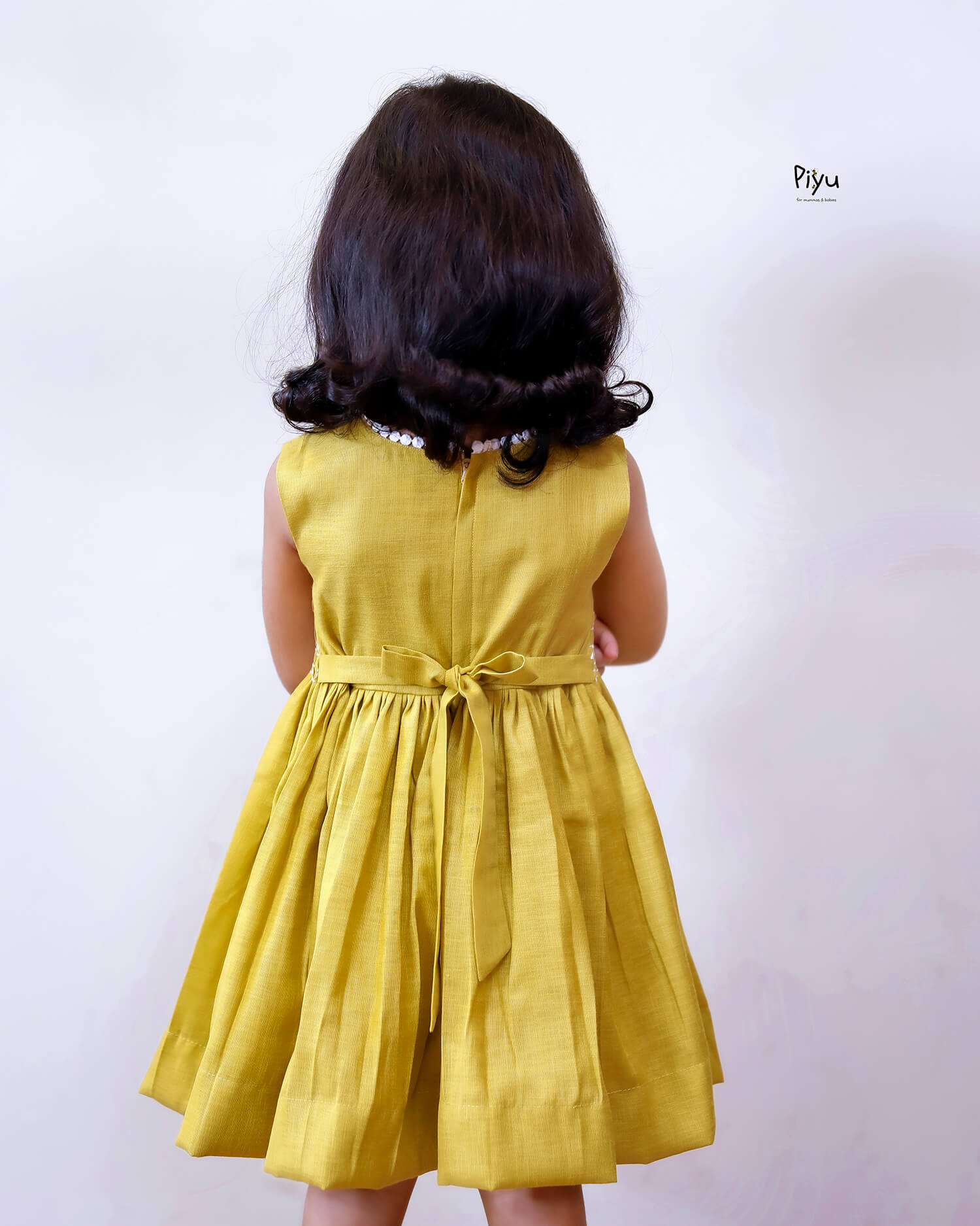 Linen-Cotton Frock w/ Lace & Hand Embroidered Roses-Yellow.