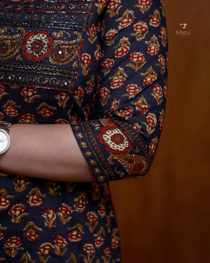 Artisan Mirror Work Ajrakh Kurti with Pocket
