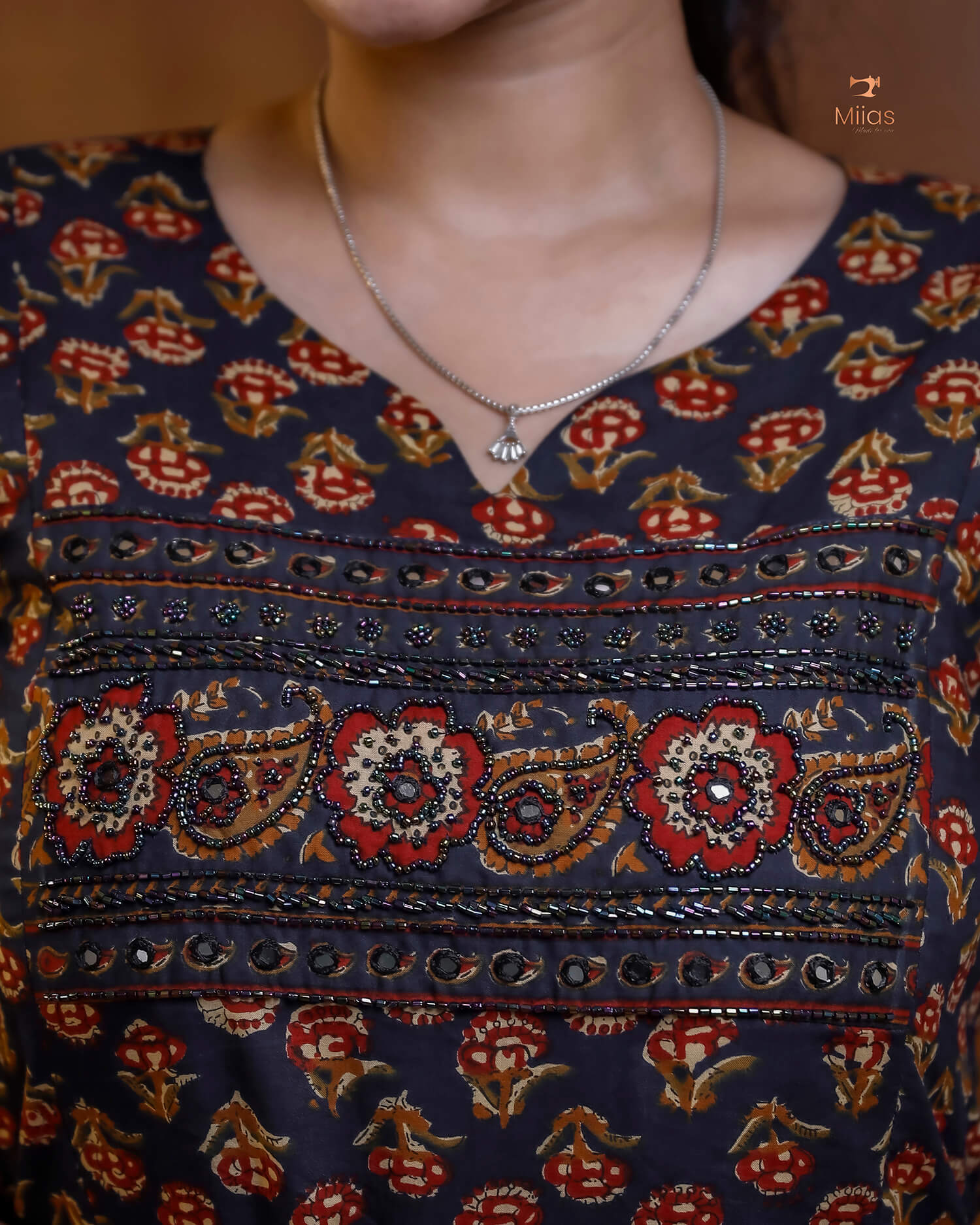 Artisan Mirror Work Ajrakh Kurti with Pocket