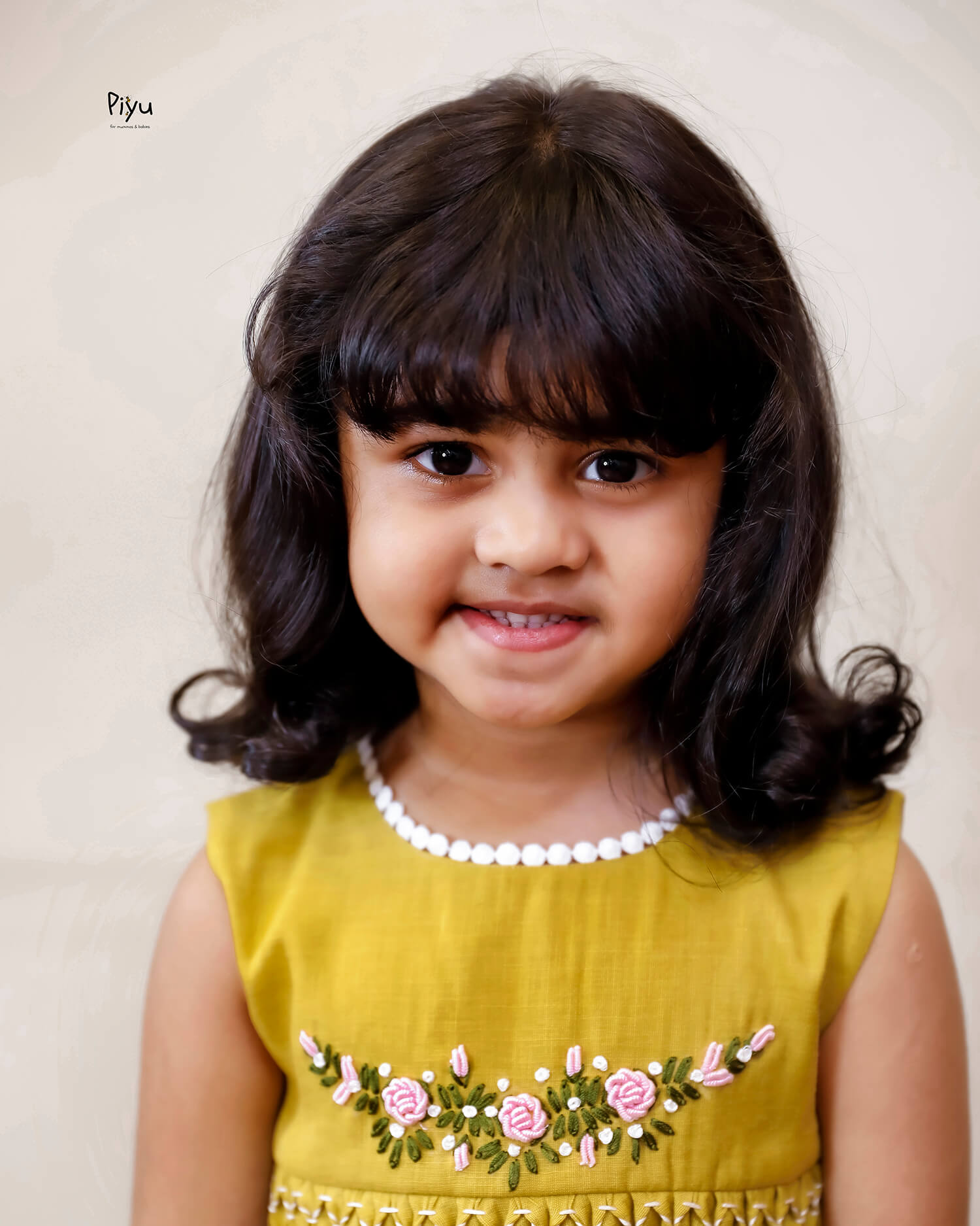 Linen-Cotton Frock w/ Lace & Hand Embroidered Roses-Yellow.