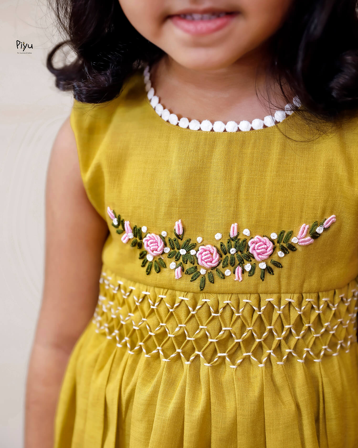 Linen-Cotton Frock w/ Lace & Hand Embroidered Roses-Yellow.