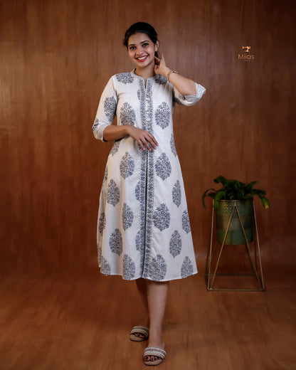 Embroidered Cotton Dress & Jacket Set with Mirror Work
