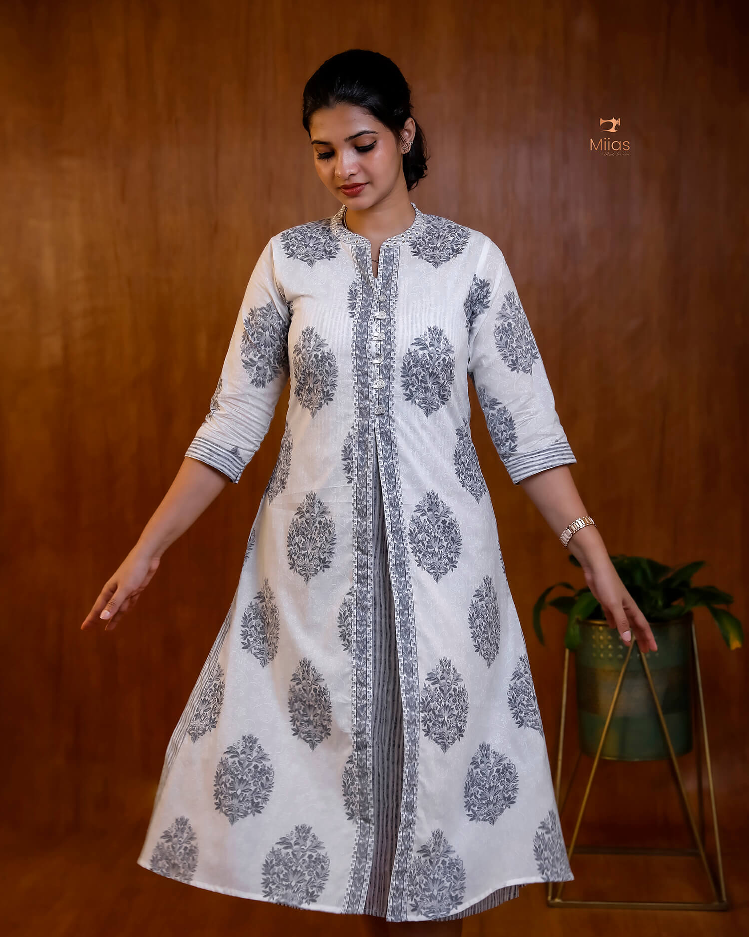 Embroidered Cotton Dress & Jacket Set with Mirror Work