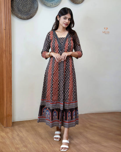 Ajrakh Kurti | Dual-Tone Panels with Artisan Beadwork & Mirrors-Black