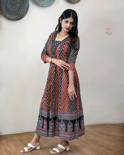 Ajrakh Kurti | Dual-Tone Panels with Artisan Beadwork & Mirrors-Black