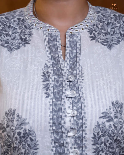 Embroidered Cotton Dress & Jacket Set with Mirror Work