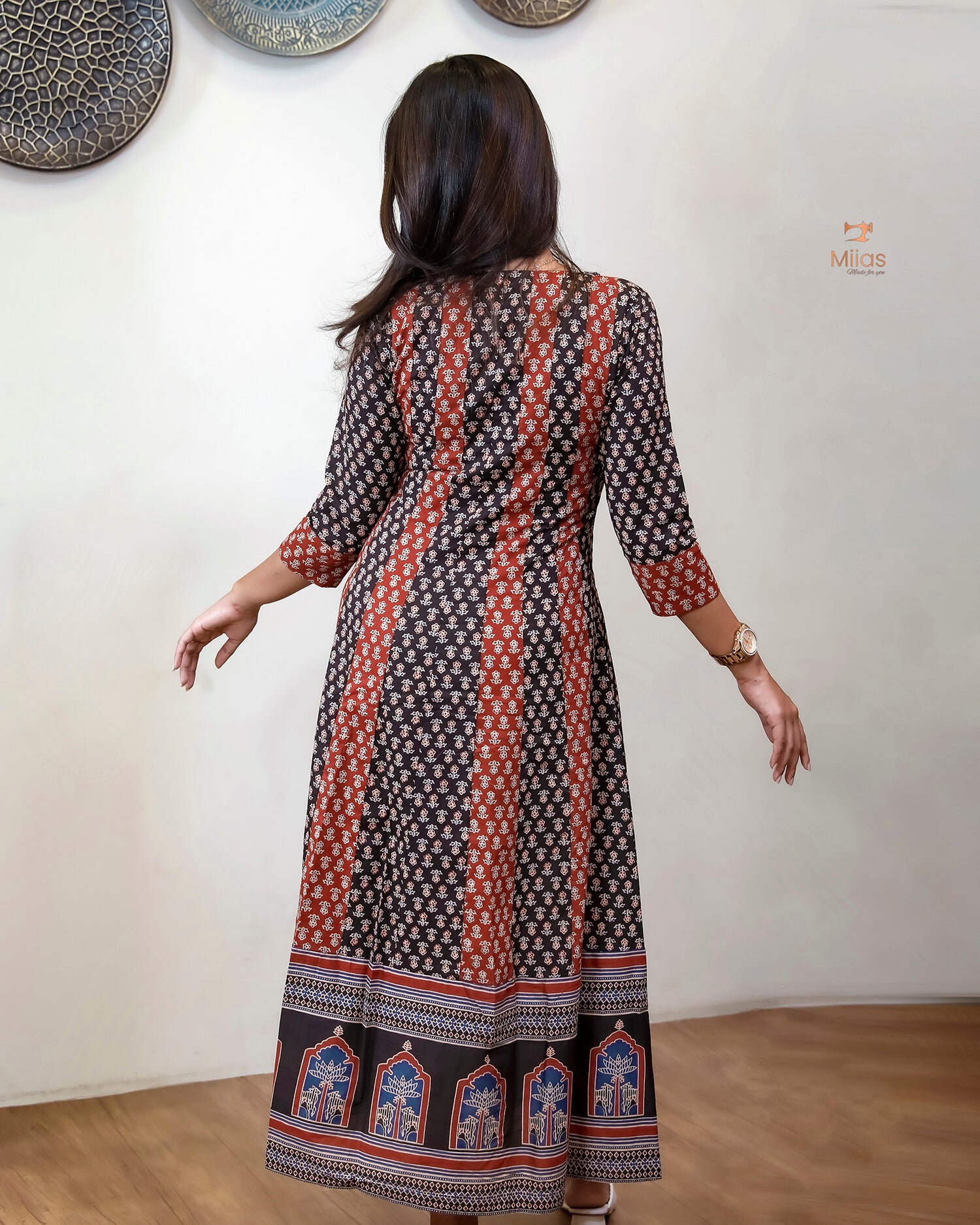 Ajrakh Kurti | Dual-Tone Panels with Artisan Beadwork & Mirrors-Black