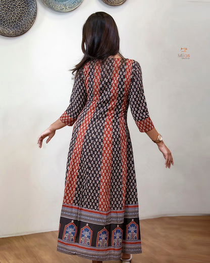 Ajrakh Kurti | Dual-Tone Panels with Artisan Beadwork & Mirrors-Black