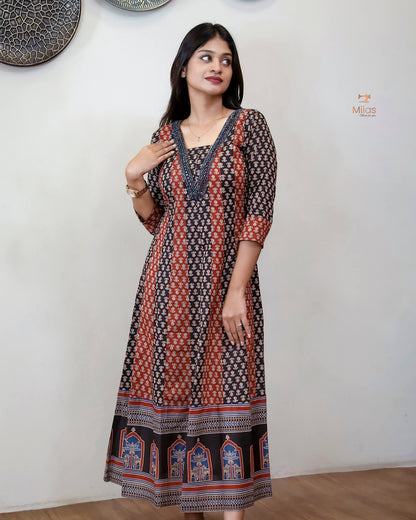 Ajrakh Kurti | Dual-Tone Panels with Artisan Beadwork & Mirrors-Black