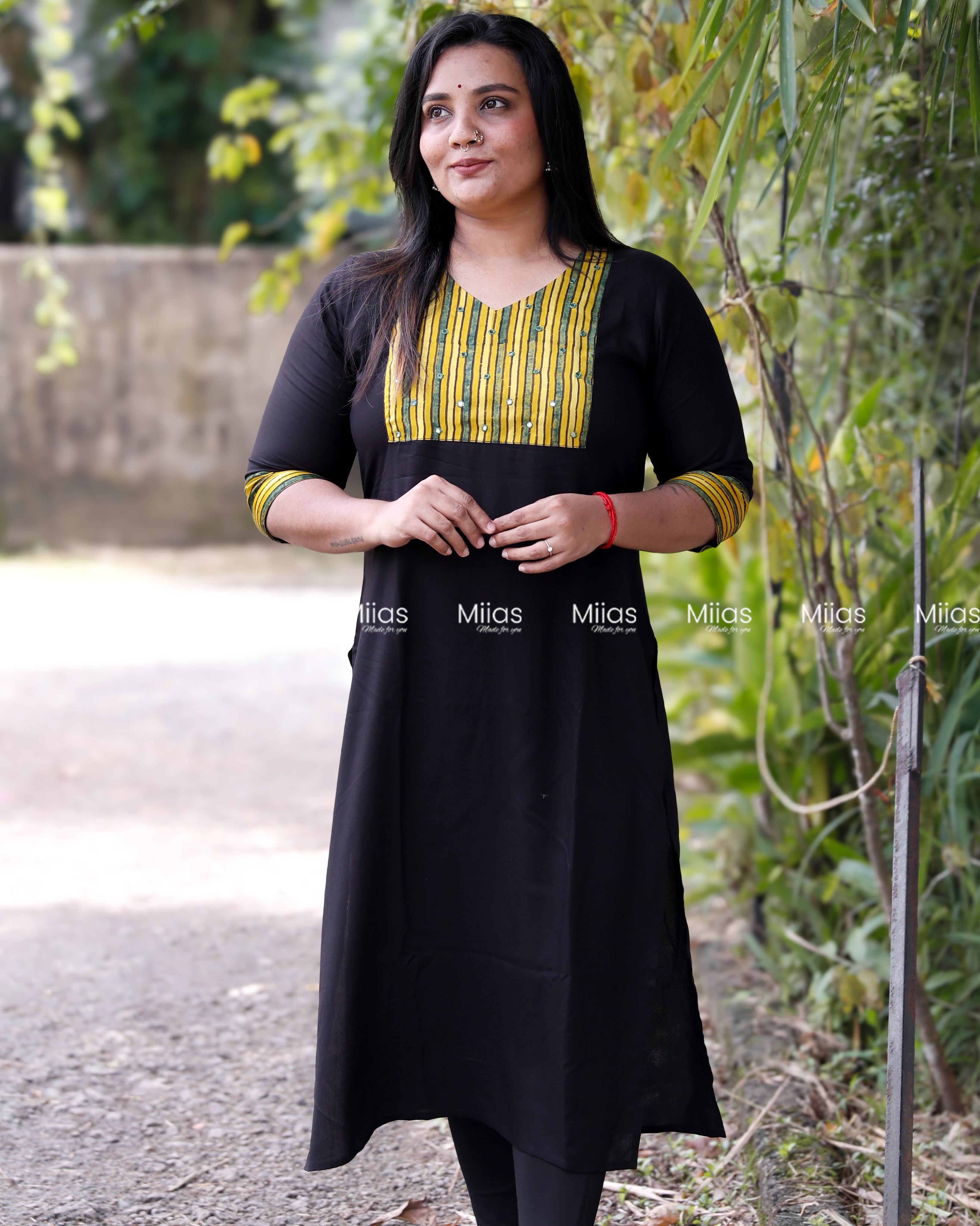 Rayon Slit Kurti | Ajrakh Modal Silk Patch + Mirror Yoke | Black