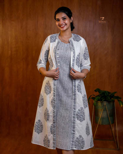 Embroidered Cotton Dress & Jacket Set with Mirror Work