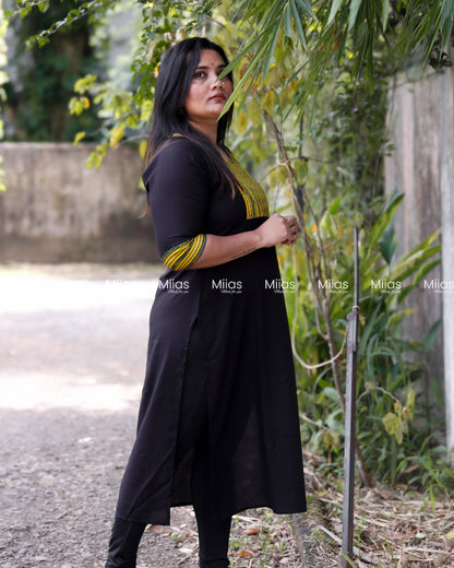 Rayon Slit Kurti | Ajrakh Modal Silk Patch + Mirror Yoke | Black