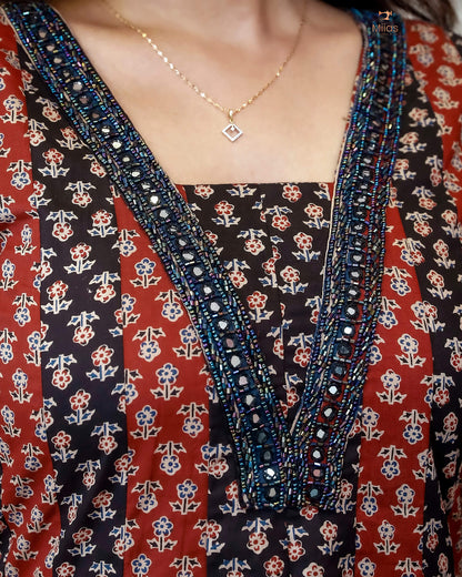 Ajrakh Kurti | Dual-Tone Panels with Artisan Beadwork & Mirrors-Black