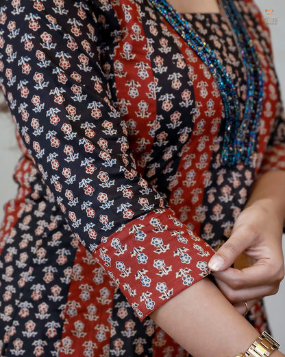 Ajrakh Kurti | Dual-Tone Panels with Artisan Beadwork & Mirrors-Black