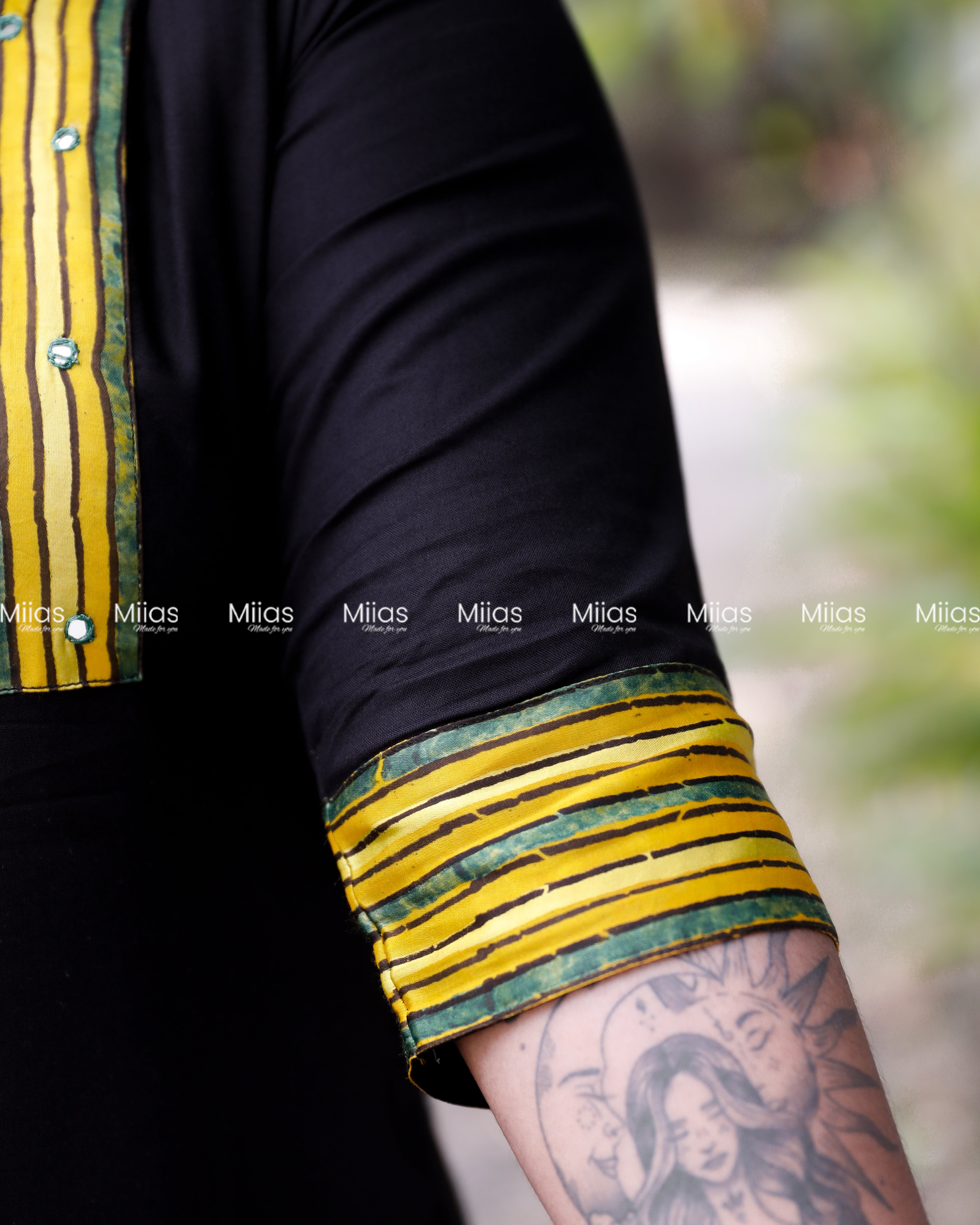 Rayon Slit Kurti | Ajrakh Modal Silk Patch + Mirror Yoke | Black