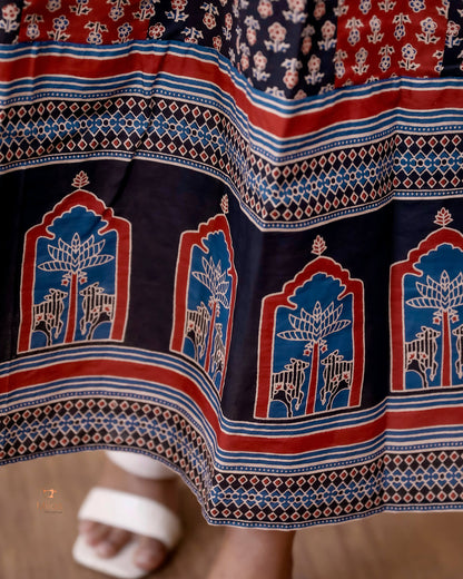 Ajrakh Kurti | Dual-Tone Panels with Artisan Beadwork & Mirrors-Black