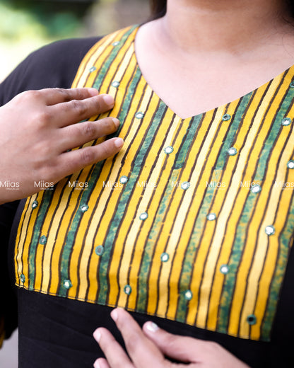 Rayon Slit Kurti | Ajrakh Modal Silk Patch + Mirror Yoke | Black