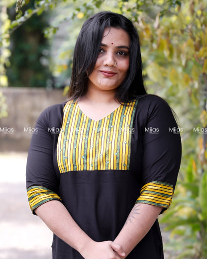 Rayon Slit Kurti | Ajrakh Modal Silk Patch + Mirror Yoke | Black
