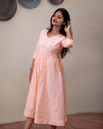 Mul Chanderi Kurti Dress with Beaded Yoke & Pleats-Peach