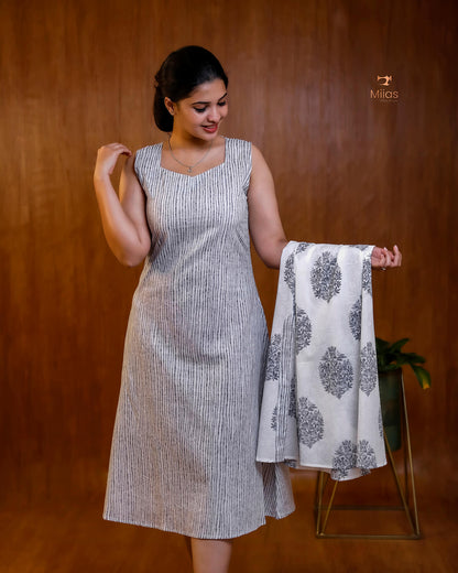 Embroidered Cotton Dress & Jacket Set with Mirror Work