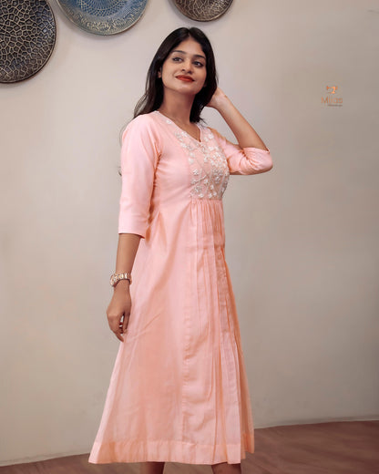 Mul Chanderi Kurti Dress with Beaded Yoke & Pleats-Peach