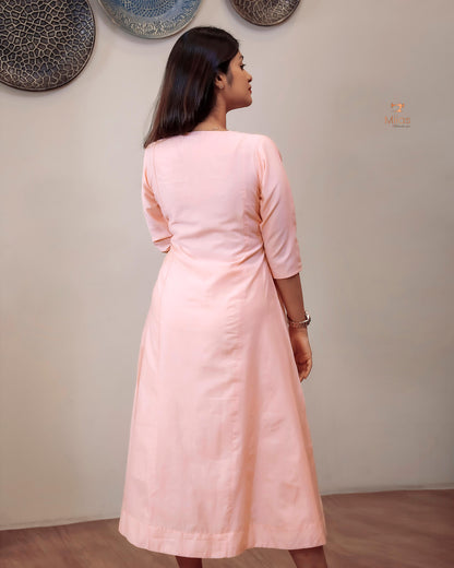 Mul Chanderi Kurti Dress with Beaded Yoke & Pleats-Peach