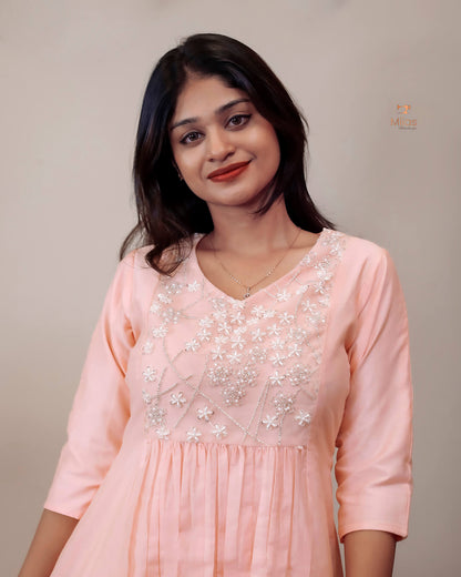 Mul Chanderi Kurti Dress with Beaded Yoke & Pleats-Peach