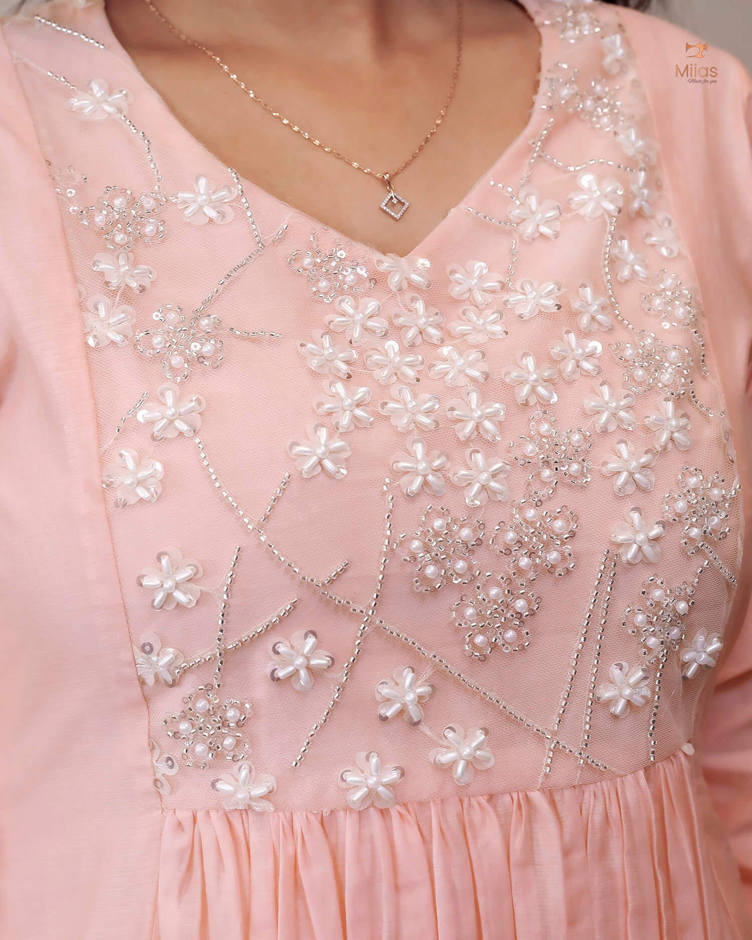 Mul Chanderi Kurti Dress with Beaded Yoke & Pleats-Peach