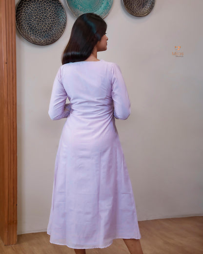 Mul Chanderi Elegant Kurti with Pleats & Lace-Bright Lavender