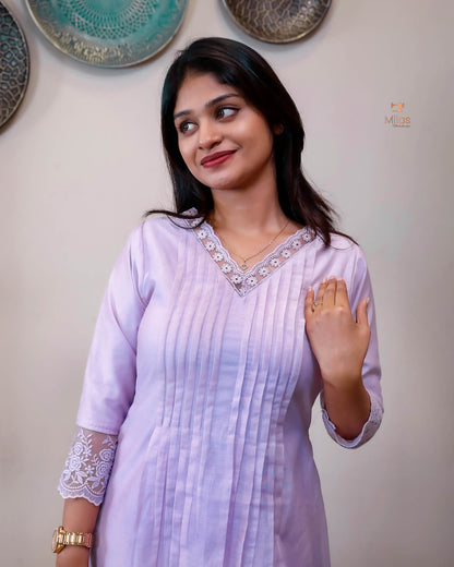 Mul Chanderi Elegant Kurti with Pleats & Lace-Bright Lavender