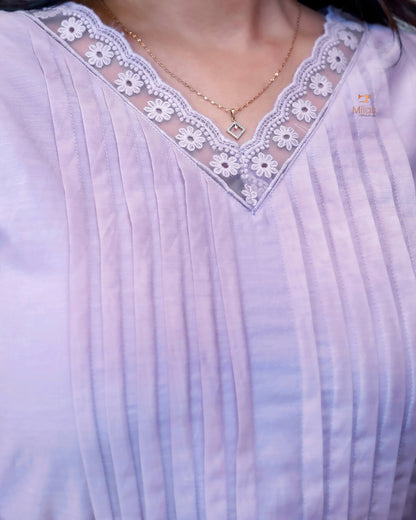 Mul Chanderi Elegant Kurti with Pleats & Lace-Bright Lavender