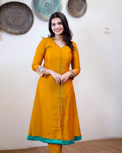 Vichitra Silk Three Piece Set: Embroidered Sleeves & Dupatta-Mustard yellow