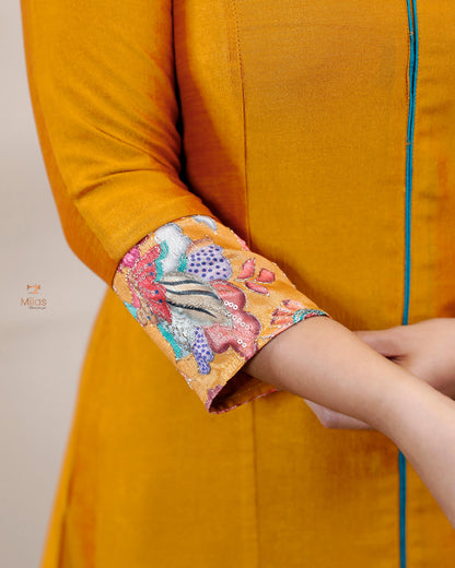 Vichitra Silk Three Piece Set: Embroidered Sleeves & Dupatta-Mustard yellow