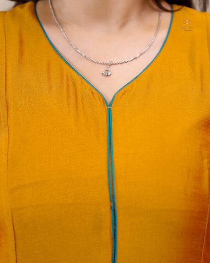 Vichitra Silk Three Piece Set: Embroidered Sleeves & Dupatta-Mustard yellow