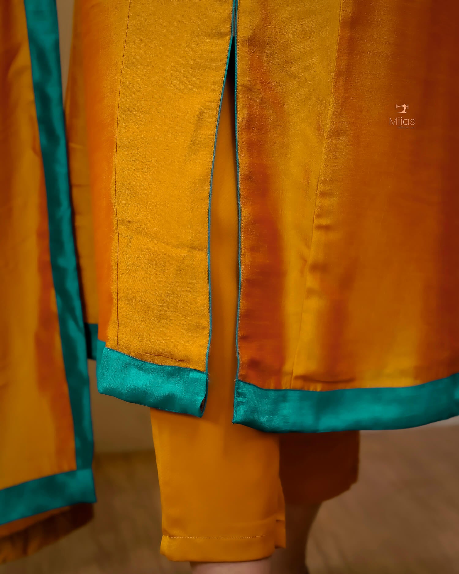 Vichitra Silk Three Piece Set: Embroidered Sleeves & Dupatta-Mustard yellow